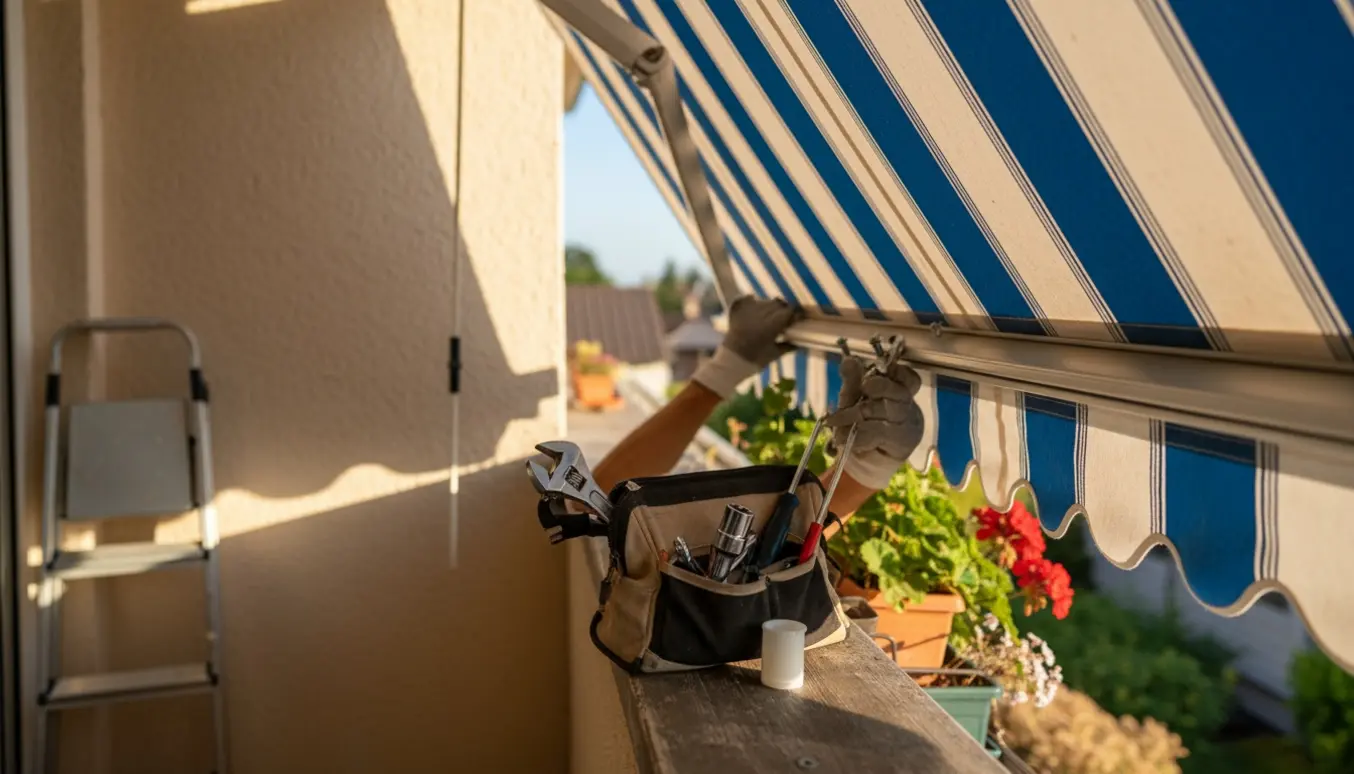 Delvist indrullet markise på en altan med værktøj og hænder, der justerer rullebeslaget.