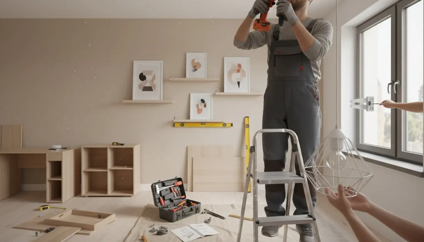 Hænder monterer en loftslampe og opsætter hylder og møbler i et privat hjem.