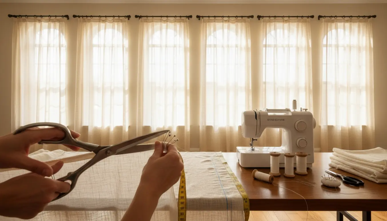Hænder trimmer og syr tynde gardiner ved en symaskine foran seks vinduer.