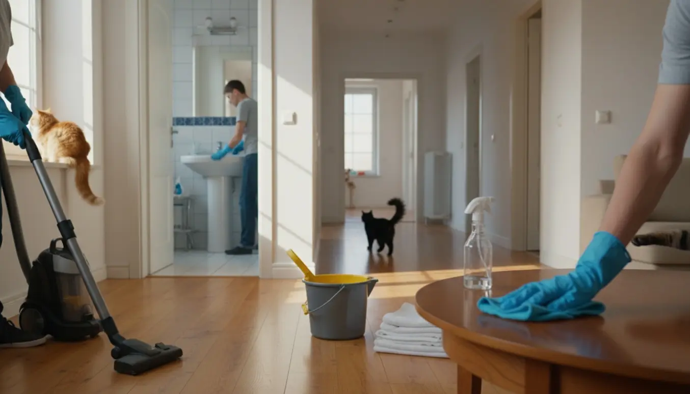 En person rengør et lyst, stort hjem med støvsuger og moppe, mens tre katte er i rummet.