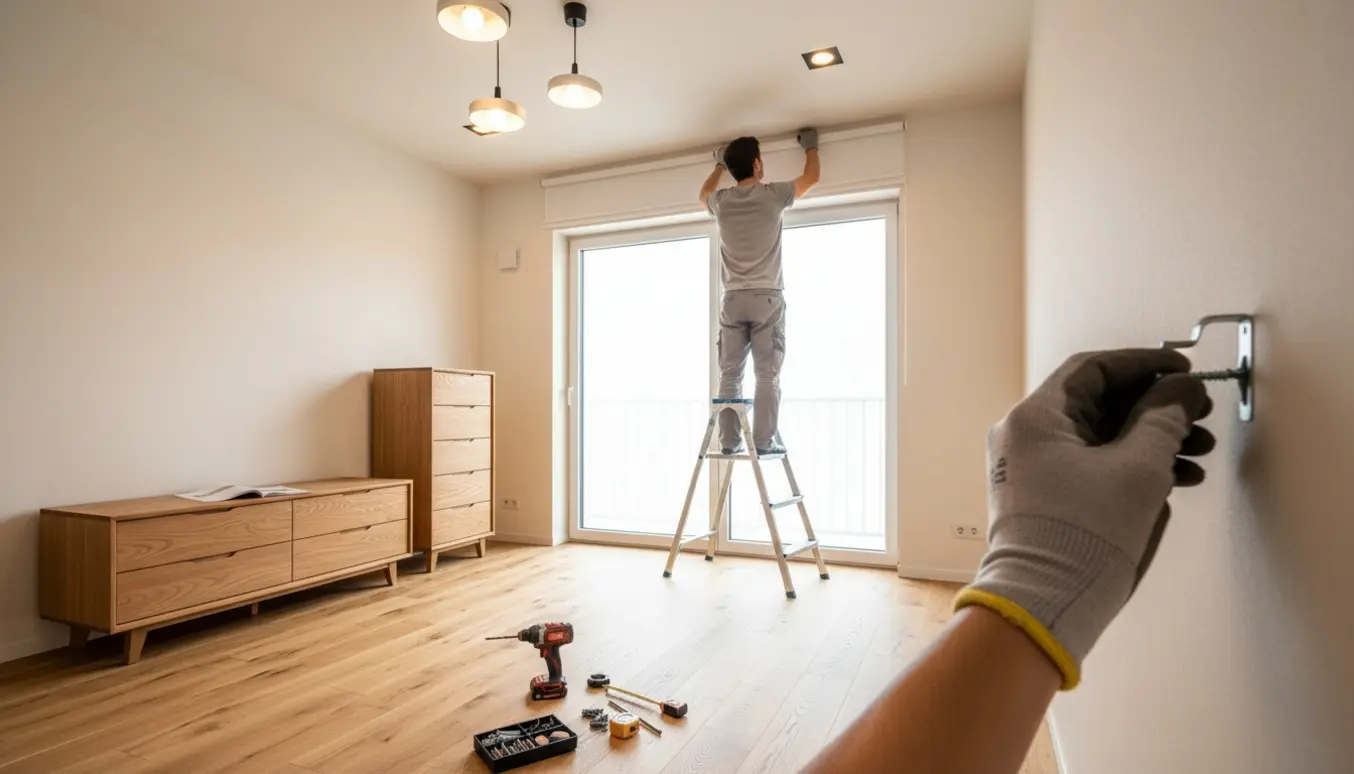 Indre udsnit af installation: en hånd på en stige ved et rullegardin, loftslamper og to samlede kommoder med værktøj på gulvet.