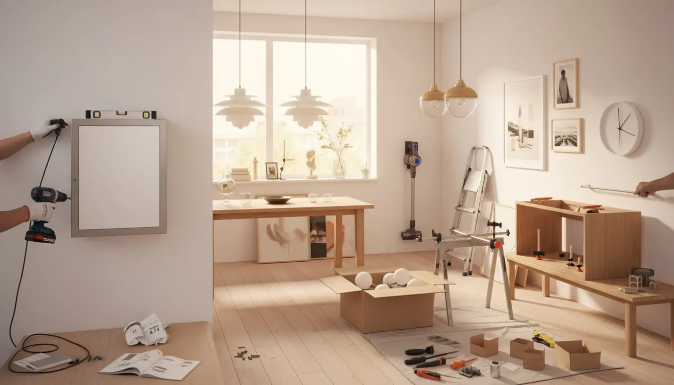 Hænder monterer lamper, billeder og et medicinskab i et lyst hjem med værktøj spredt på gulvet.