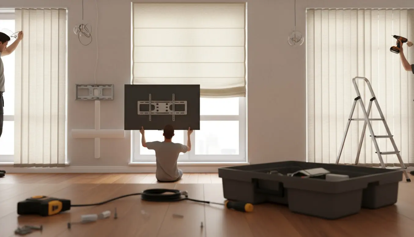 Håndværker monterer et væg-tv, to lamper og tre gardiner i en lys stue.