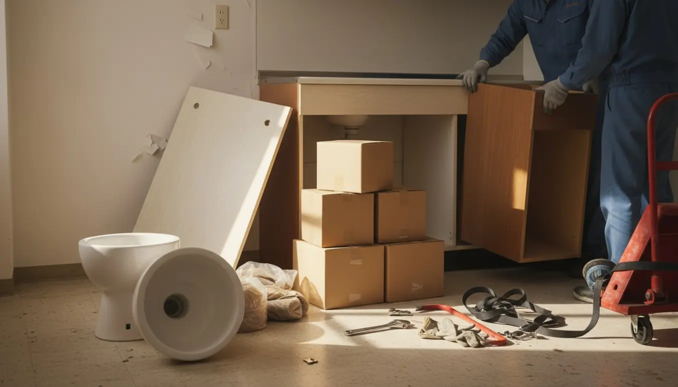 Et lille køkken under oprydning med en afmonteret vask og et toilet klar til bortskaffelse.