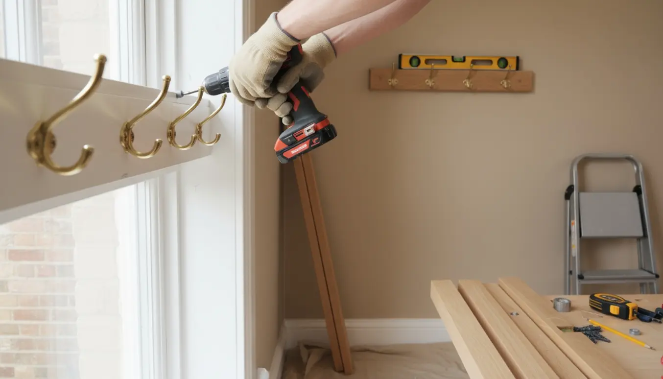 Nærbillede af montering af seksten kroge på en vinduesramme og opsætning af fire knagerækker i en lys entré.