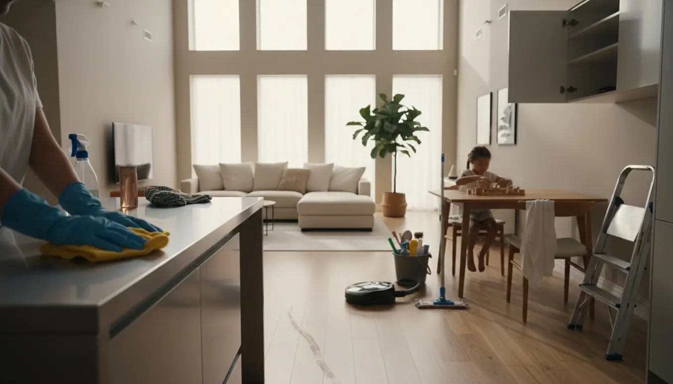 Morgenrengøring i et lyst, rummeligt hus med en rengørers hænder, støvsuger og et barn med ryggen til.