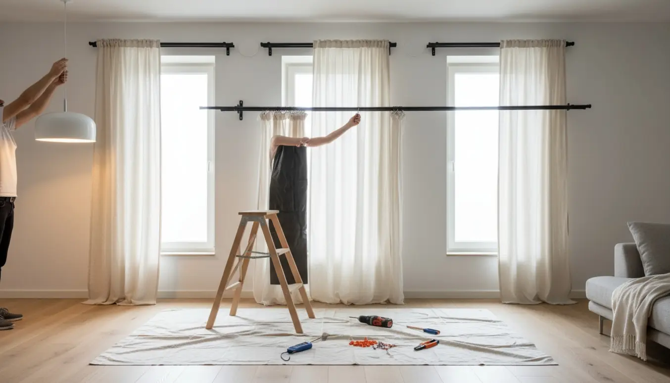 Håndværker monterer tre gardinstænger over vinduerne og hænger en tændt loftlampe med stige og værktøj i forgrunden.