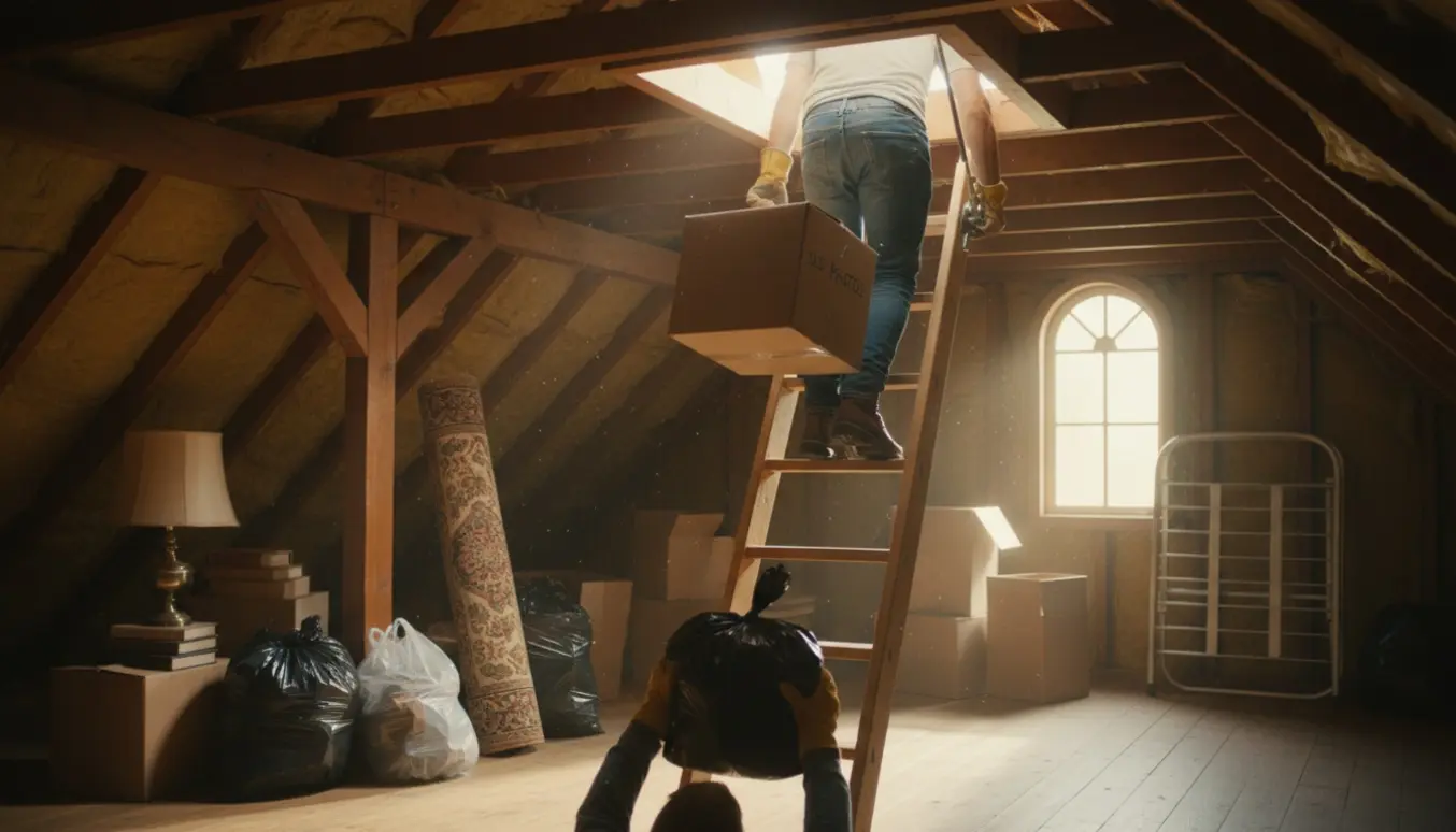 Åbent loftrum med en person set bagfra, bærende en papkasse ned ad en stige omgivet af stabler af møbler og sække klar til bortskaffelse.