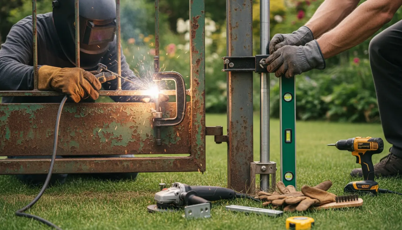 Svejsning af knækket havelågehængsel og udretning af skæv stolpe med værktøj i baghaven.