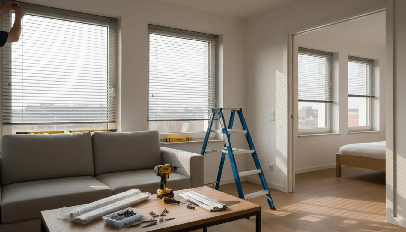 Montering af fem almindelige persienner i stue og soveværelse med værktøj og hænder i fokus.