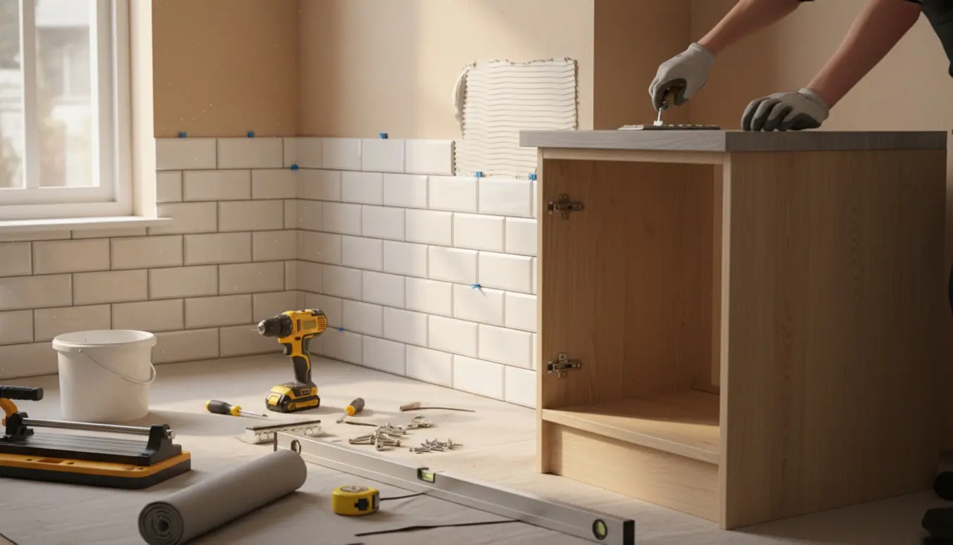 Halvfliset væg med håndværkerhænder, delvist samlet fladpakkeskab og laminatbordplade i et solbeskinnet køkken.