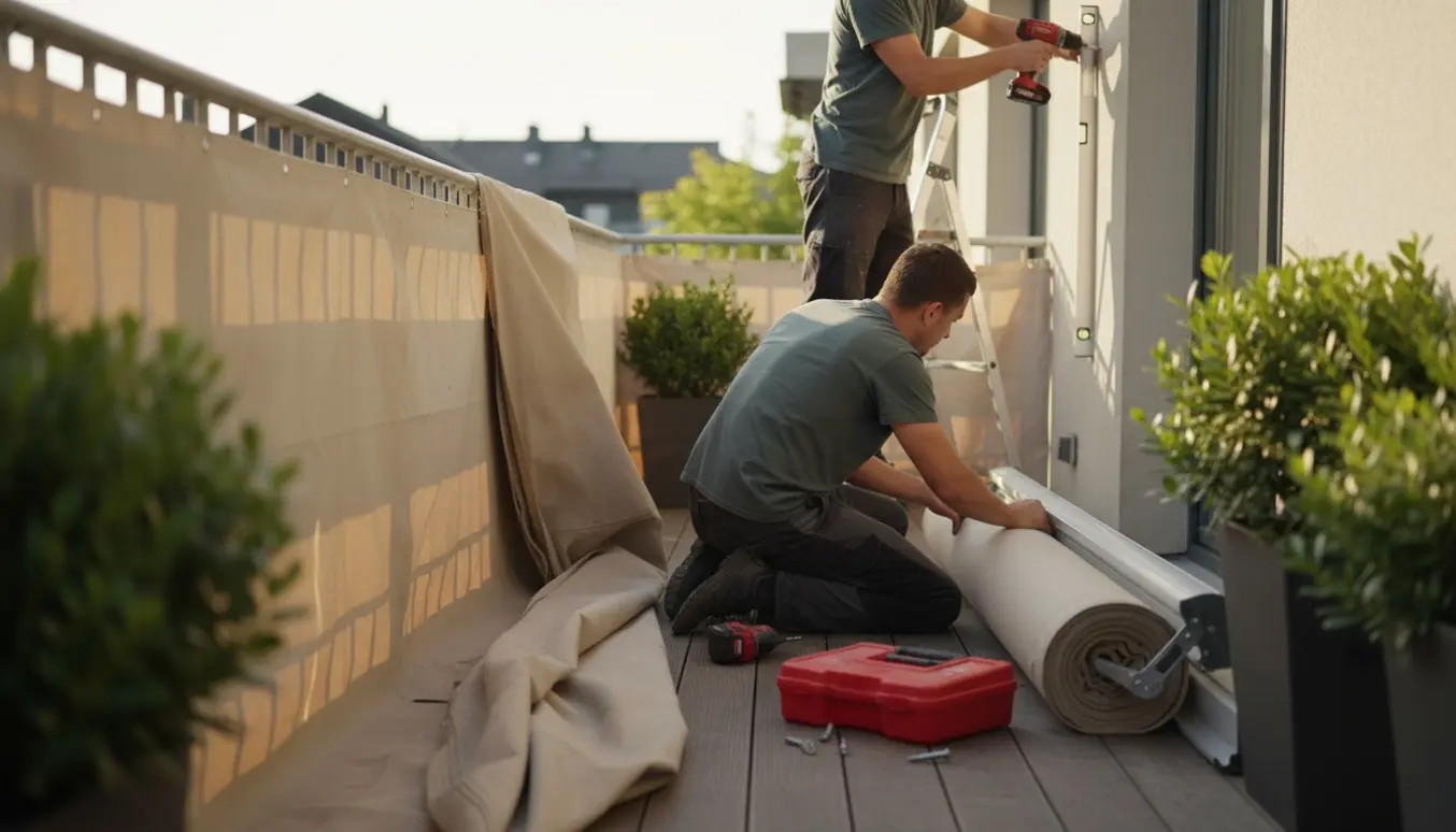 Håndværkere afmonterer en gammel markise og monterer en ny markise på en bred altan, begge 360 cm.