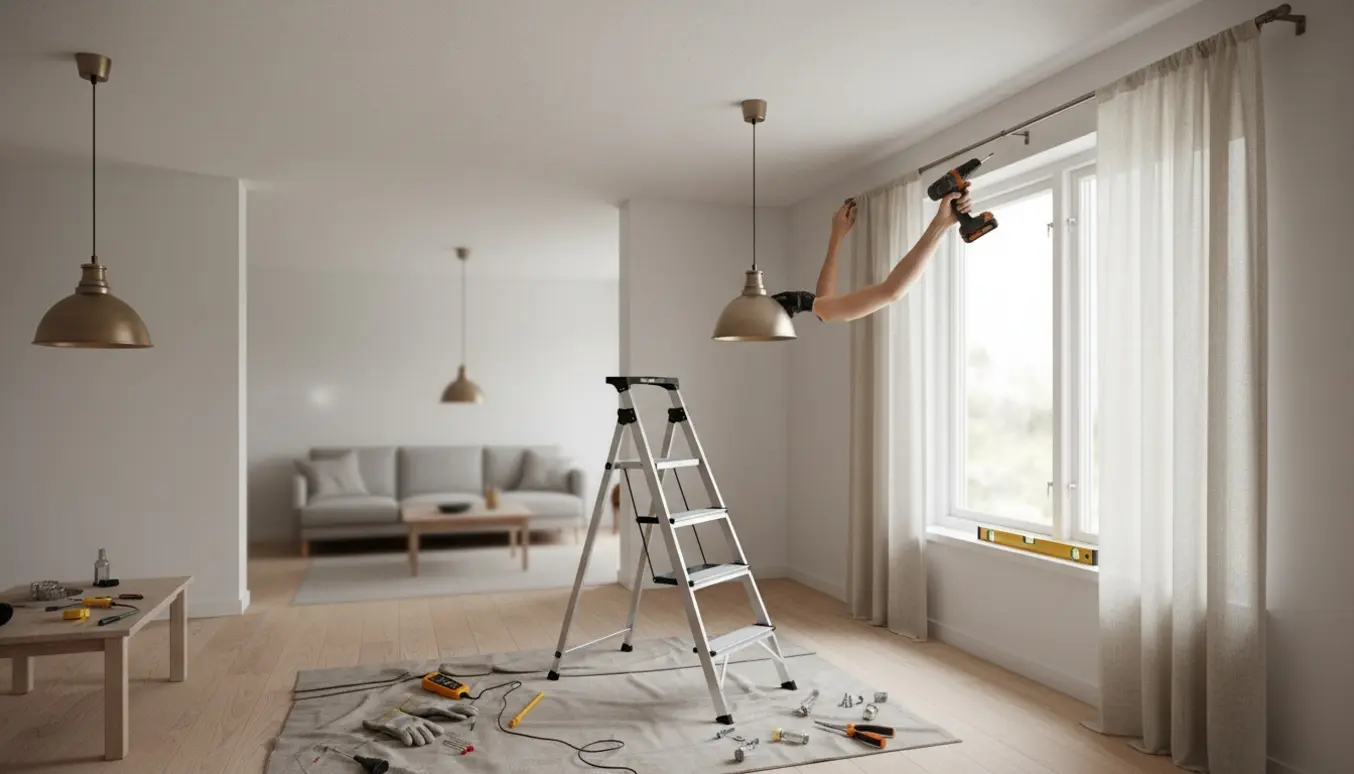 Montage af to loftlamper og opsætning af gardinstang med hørgardiner i en lys stue.