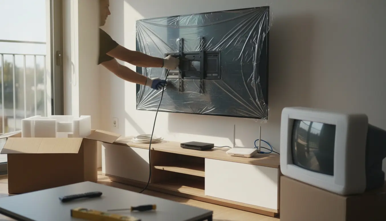 Installatør opsætter nyt fladskærms-tv i en stue og tilslutter tv-boks og internet, mens det gamle tv er pakket ned.