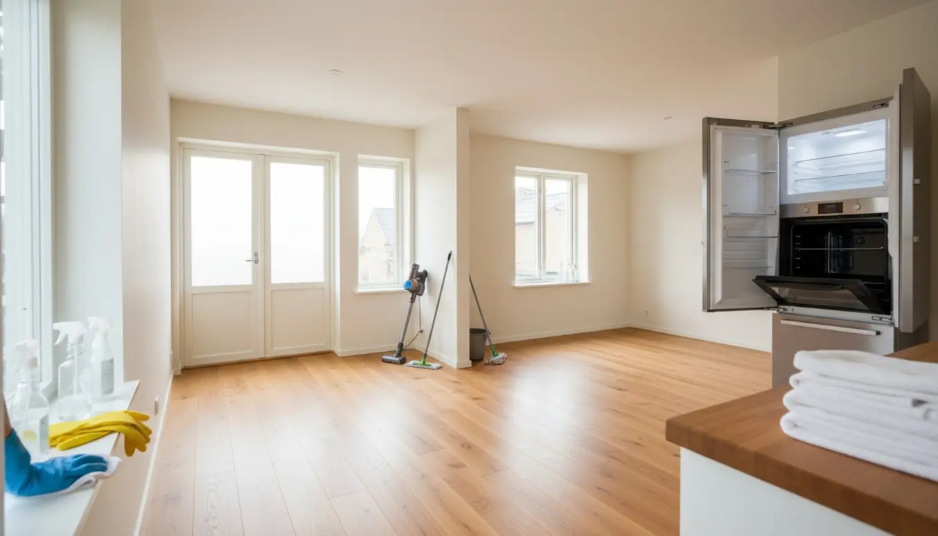 Tomt, nymalet lille hus klar til flytterengøring med rengøringsudstyr og sollys gennem vinduerne.