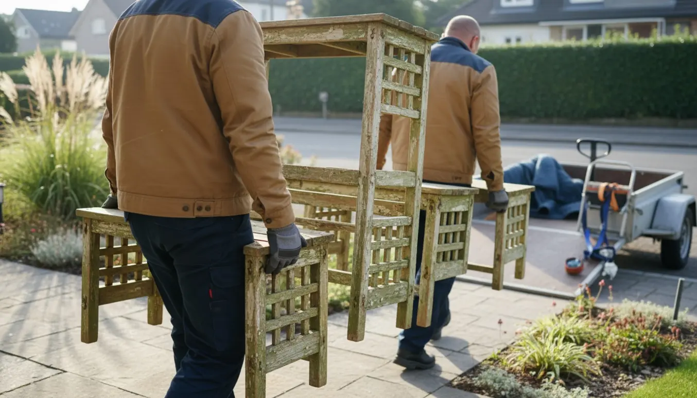 To personer bærer nedbrudte træmøbler fra en terrasse mod en åben trailer ved vejen.
