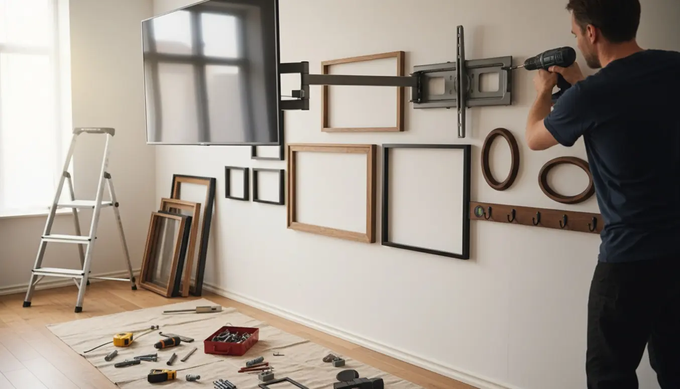 Håndværker hænger TV og flere billeder op på en gipsvæg med værktøj og stige i et lyst, moderne opholdsrum.