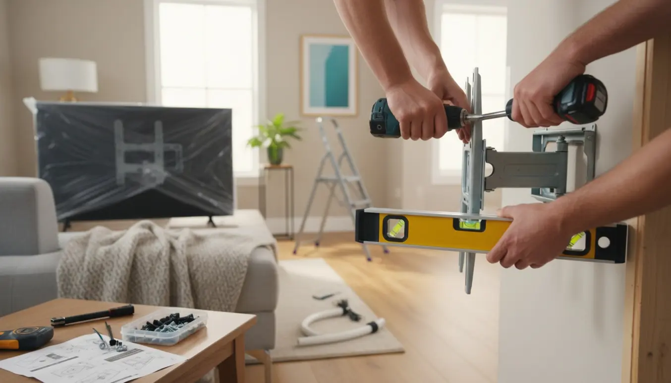 Hænder monterer et nyt svingarmbeslag til fladskærm på en væg i en lys og ryddelig stue.