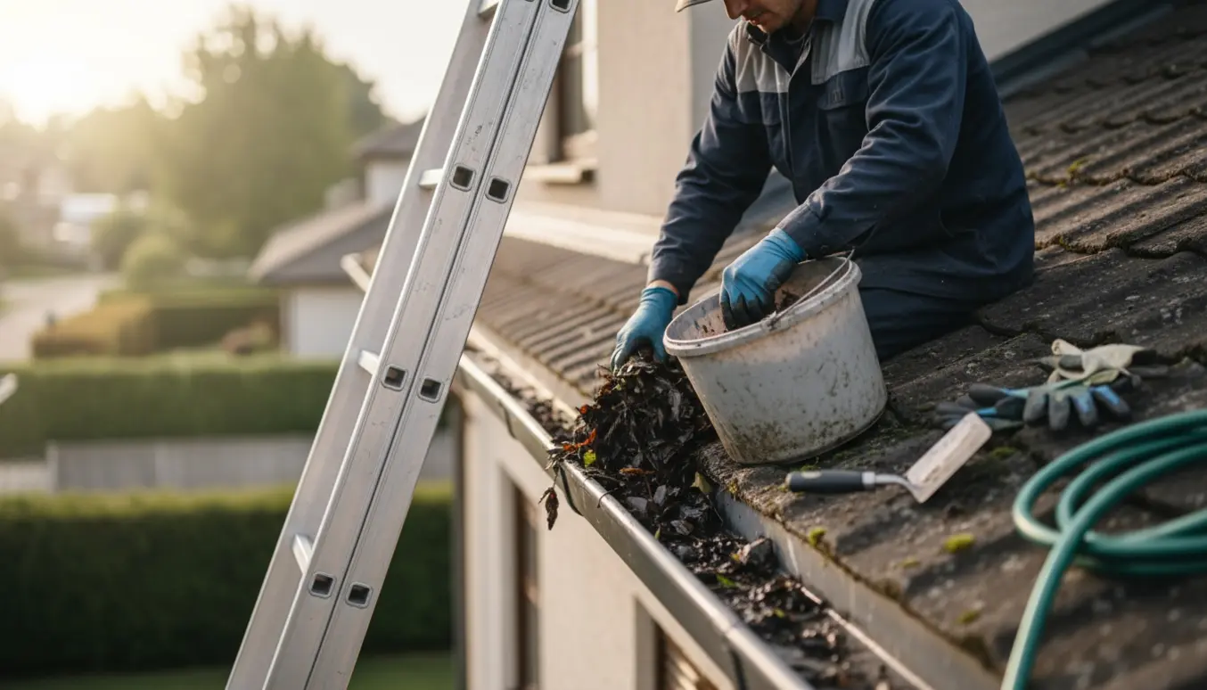 En person renser en tagrende fra en stige med handsker og skovl, mens blade samles i en spand.