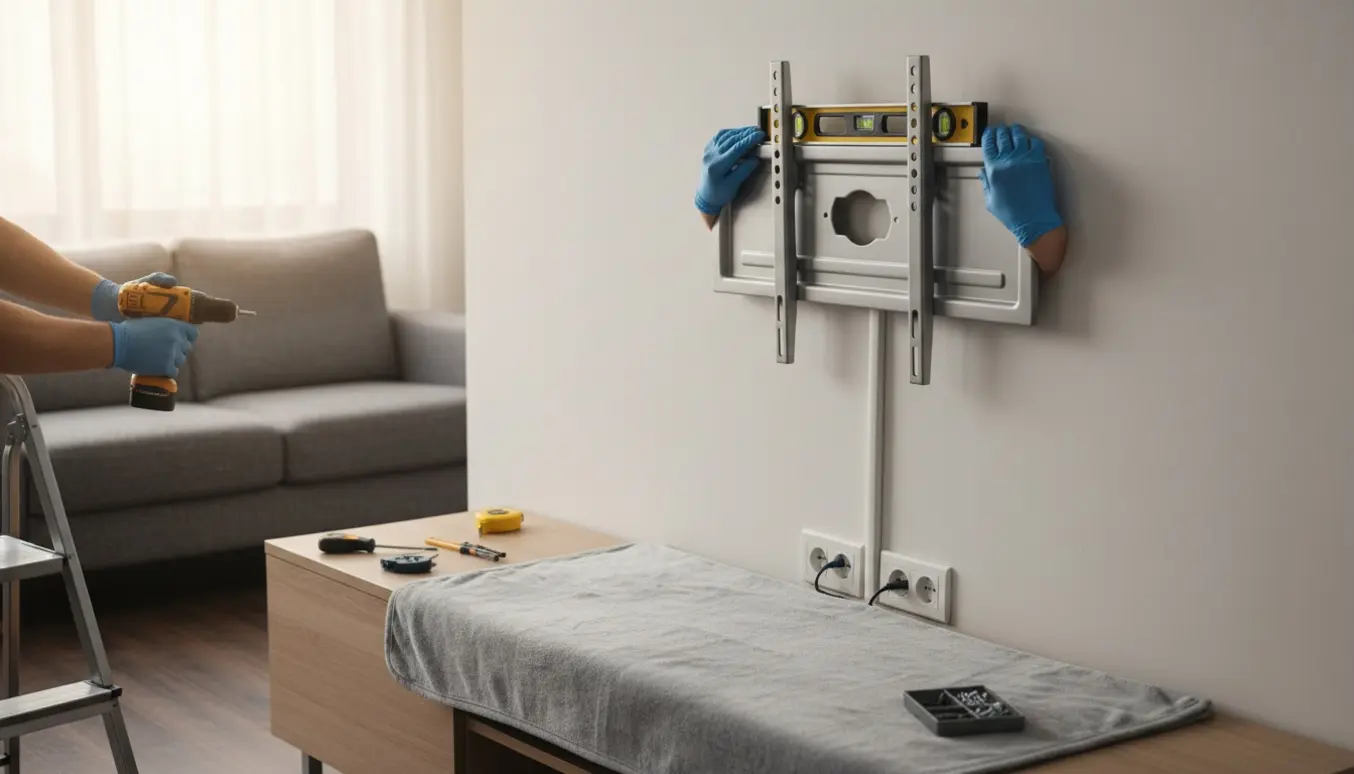 Installation af vægbeslag til et 50 tommers tv i en moderne stue med værktøj synligt.