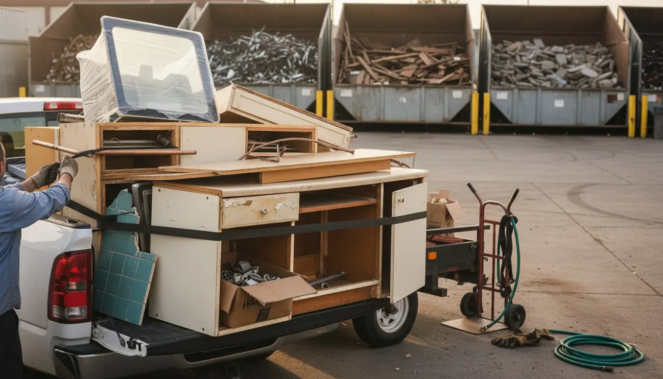 Afmonterede køkkenskabe, vask og hvidevarer læsses på en trailer ved en genbrugsplads.