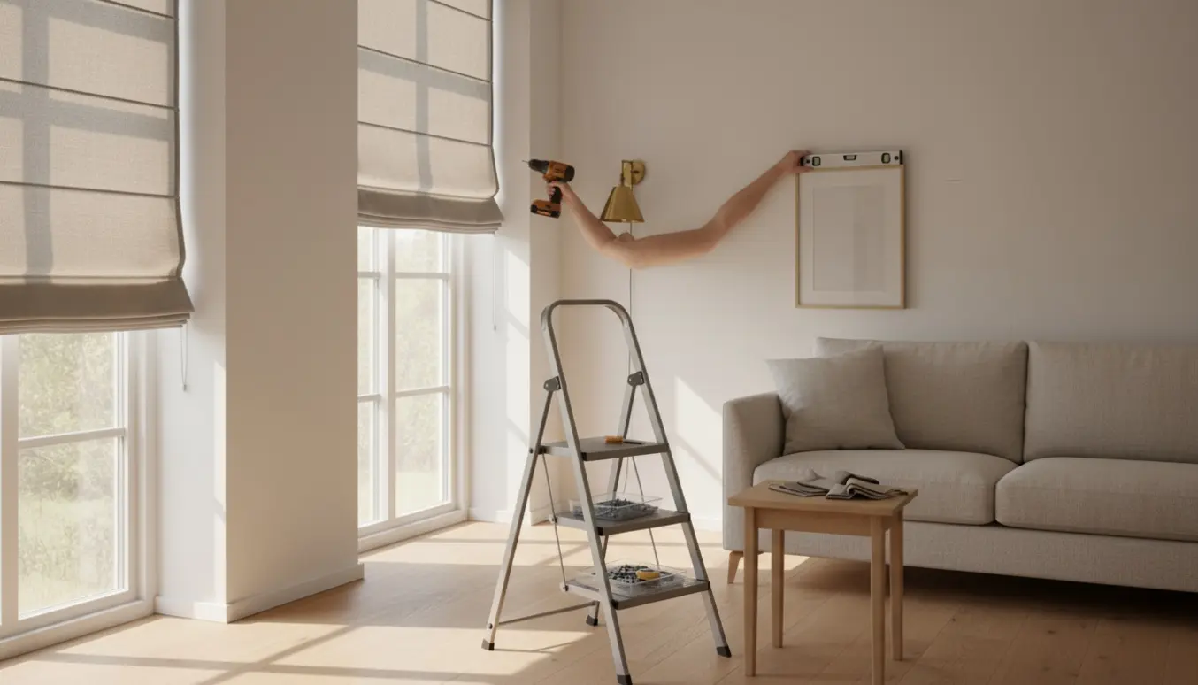 Hænder monterer rullegardiner, hænger billeder og sætter en lampe op i en lys, skandinavisk stue.