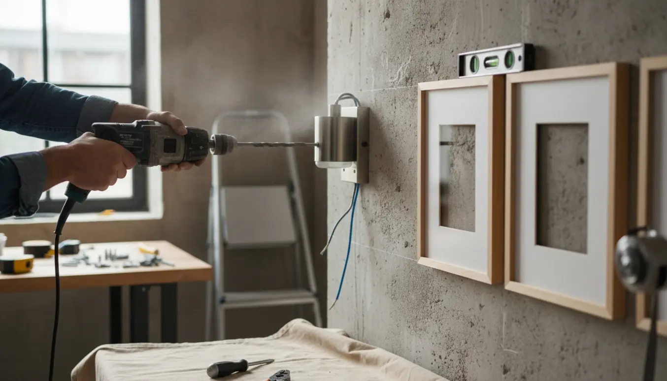 Hænder borer i en betonvæg for at montere en lampe og hænge tre rammer op.