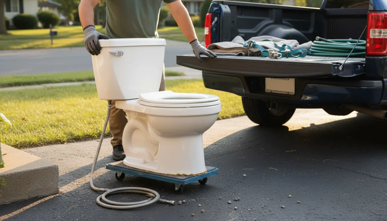 Et hvidt toilet på en dolly løftes ind i en varebil på indkørslen klar til afhentning.
