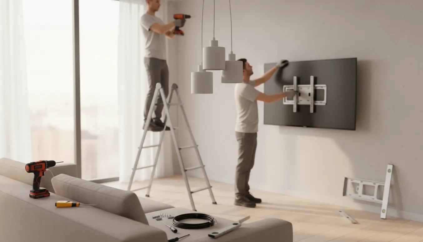 Håndværkere monterer et vægmonteret TV og flere loftslamper i en moderne stue, uden synlige ansigter.