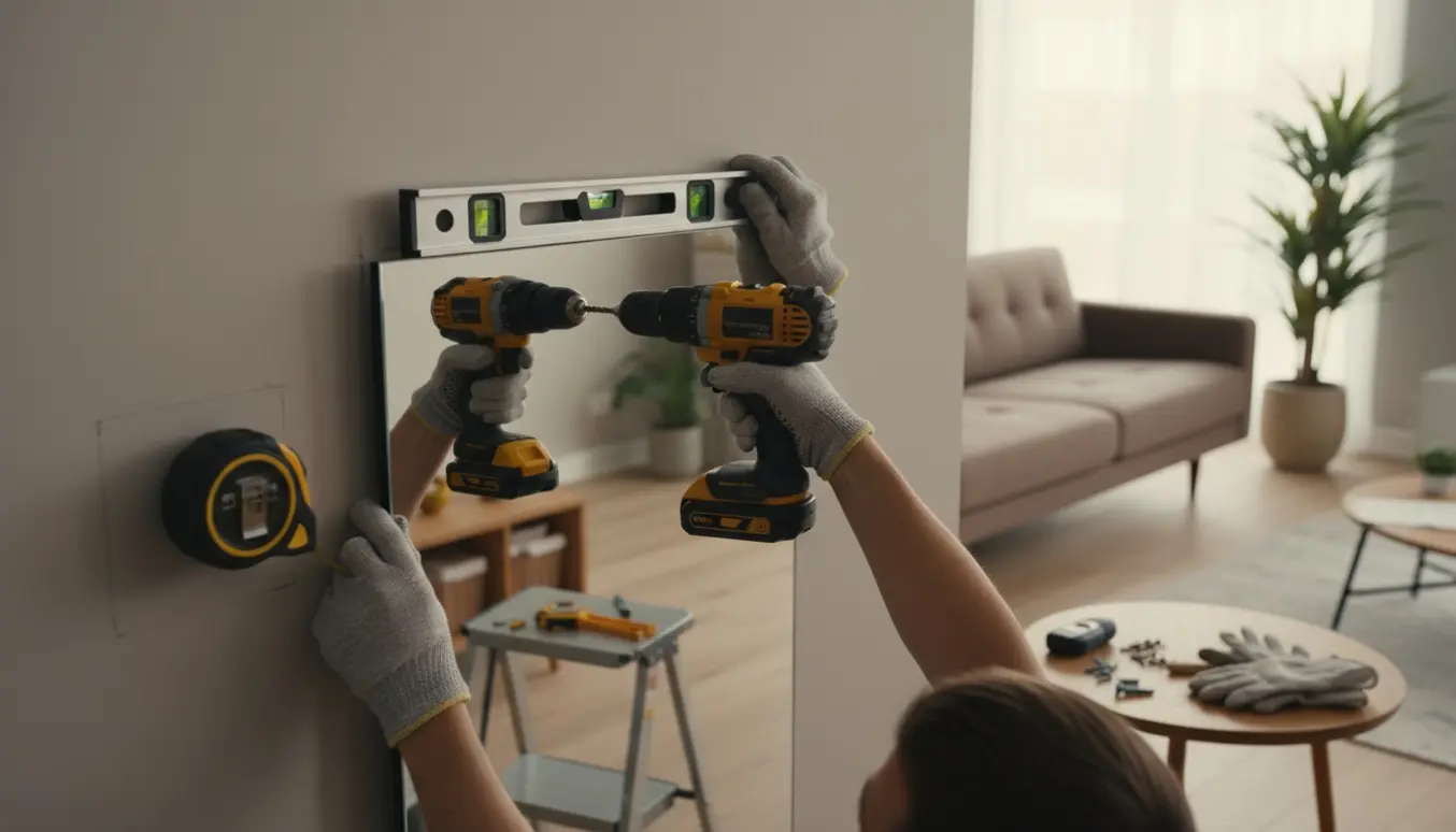 Nærbillede af hænder, der hænger et langt rektangulært spejl op i en stue med boremaskine, vaterpas og målebånd.