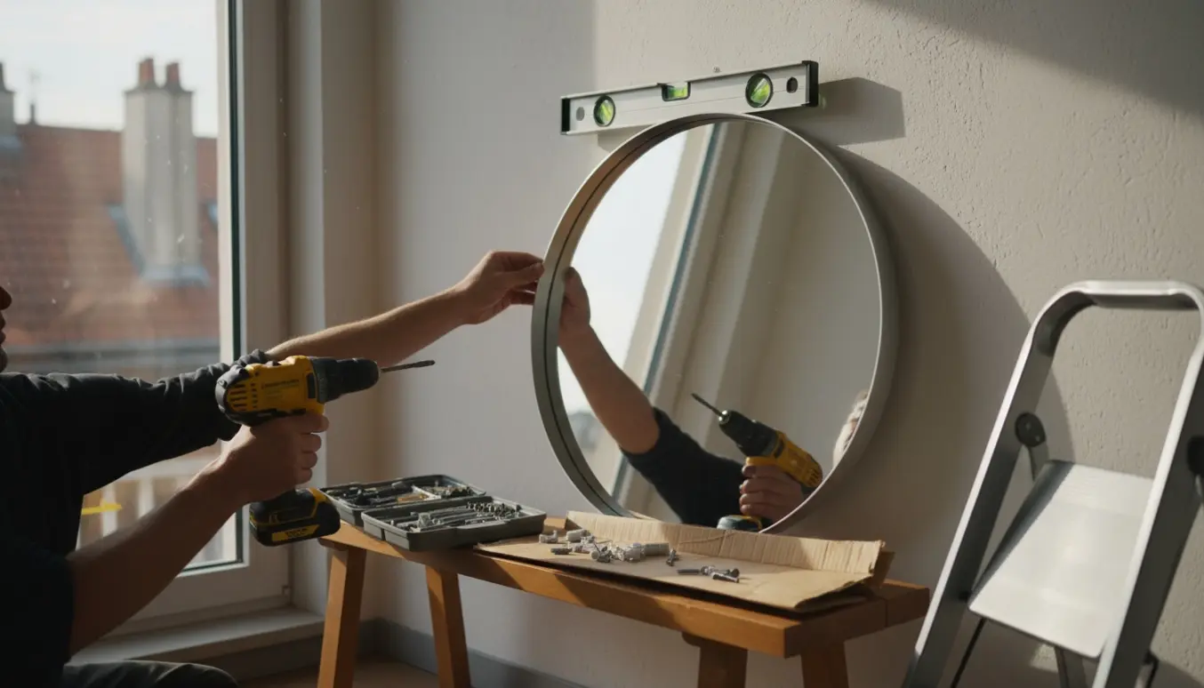 Hænder monterer et rundt spejl over en træbænk med boremaskine og vaterpas i en lys opgang på tredje sal.