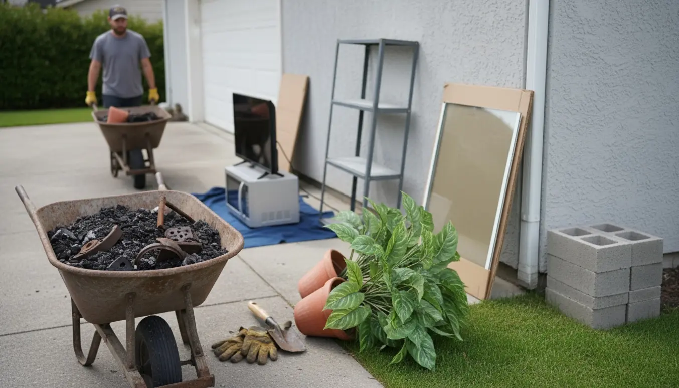 Indkørsel med affald samlet til afhentning: trillebør med aske, kunstige planter, TV, mikroovn og en eternitplade.