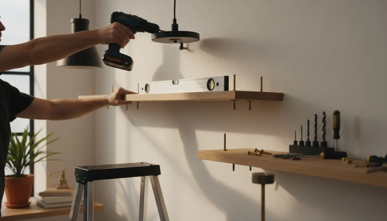 Hænder monterer en loftlampe og hænger hylder op i en stue med værktøj og stige.