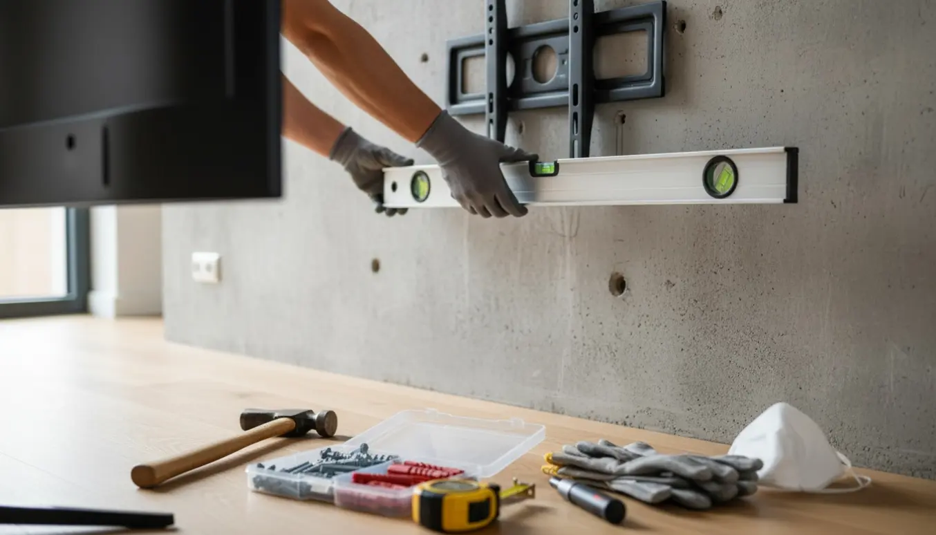 Hænder monterer et fladskærms-tv på en betonvæg med vægbeslag og vaterpas.