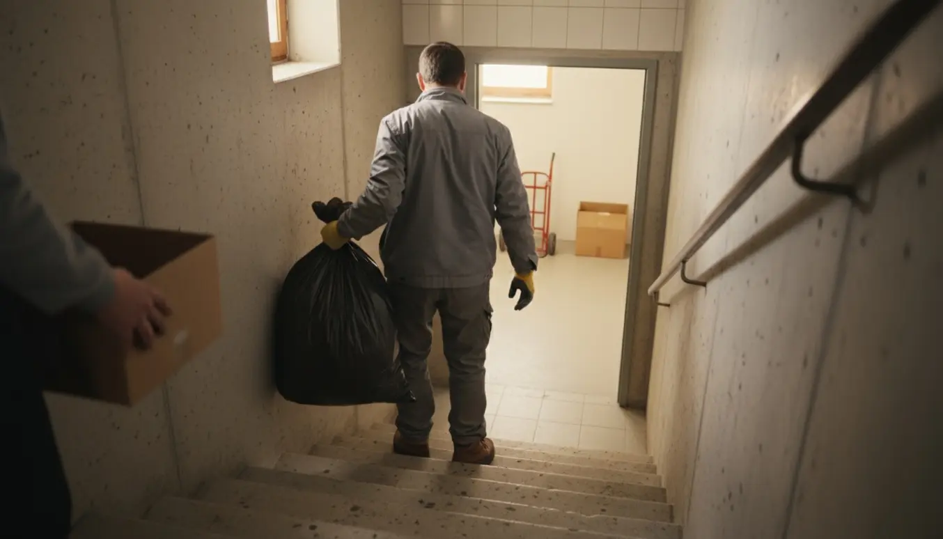 Person bærer en fyldt affaldspose ned ad seks trappetrin til et tomt kælderrum.