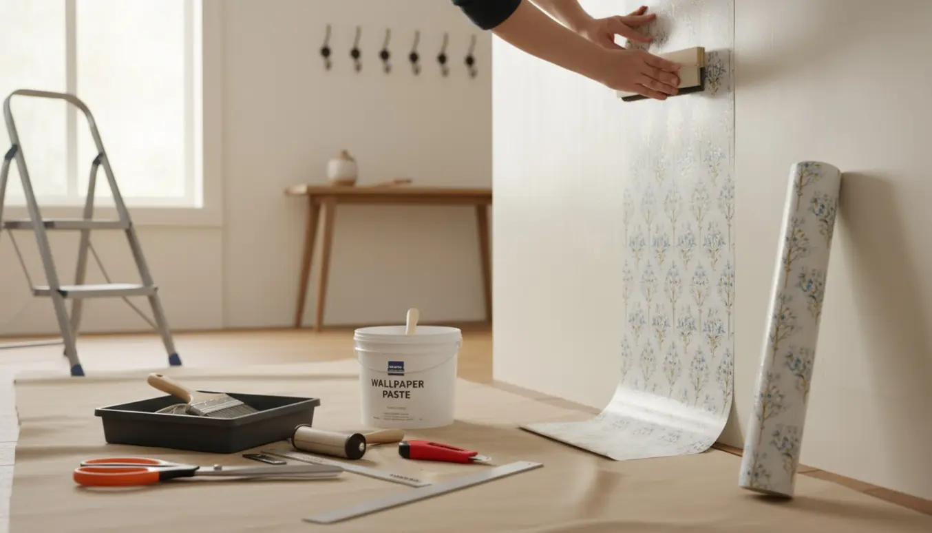 Hænder sætter tapet op i en lille entre med værktøj og materialer på gulvet.
