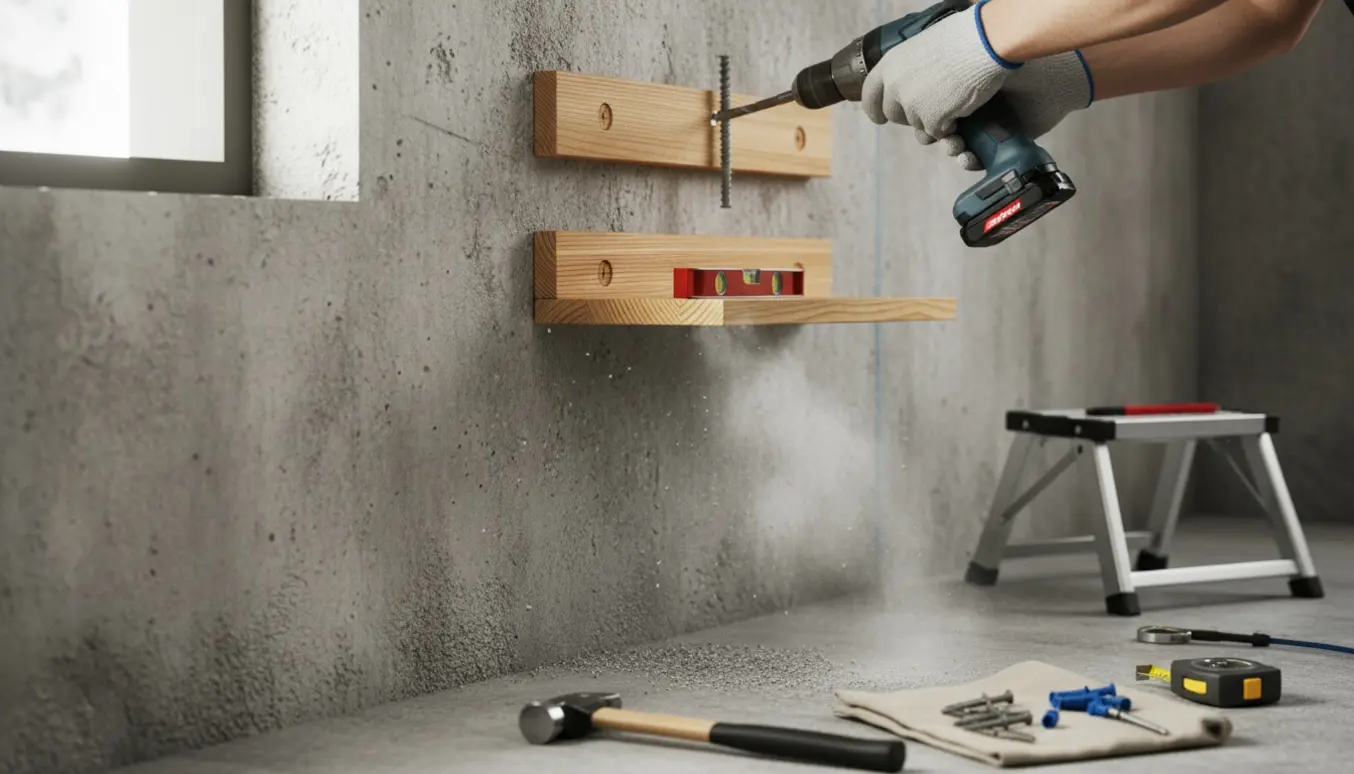 Nærbillede af to små træreoler, der monteres på en betonvæg med træbeslag, boremaskine og skruer.