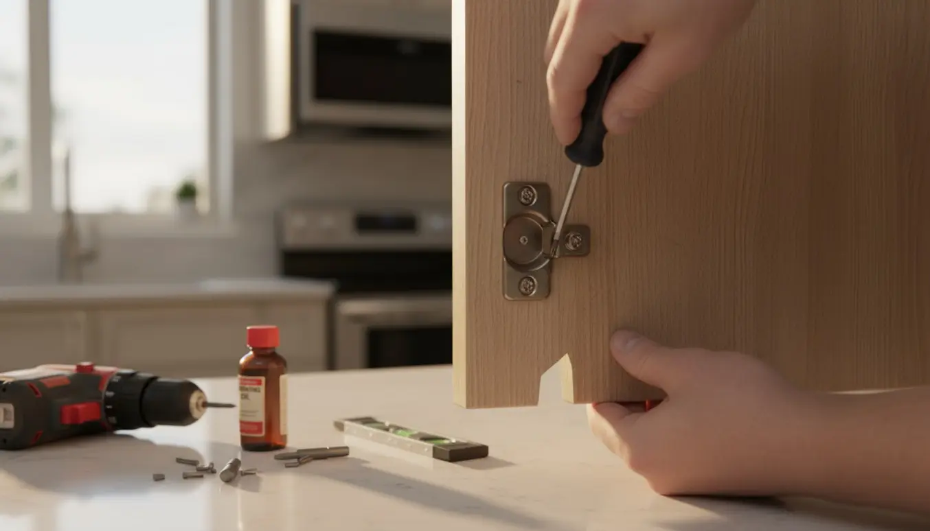 Nærbillede af en hængende køkkenskabslåge, hvor en hånd justerer hængslet med en skruetrækker.