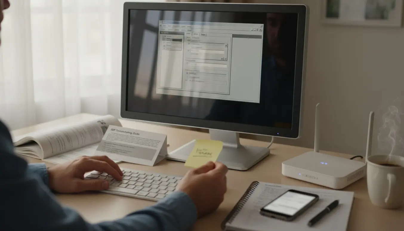 Nærbillede af hænder, der opsætter Outlook på en pc med en opsætningsskærm og noter på skrivebordet.