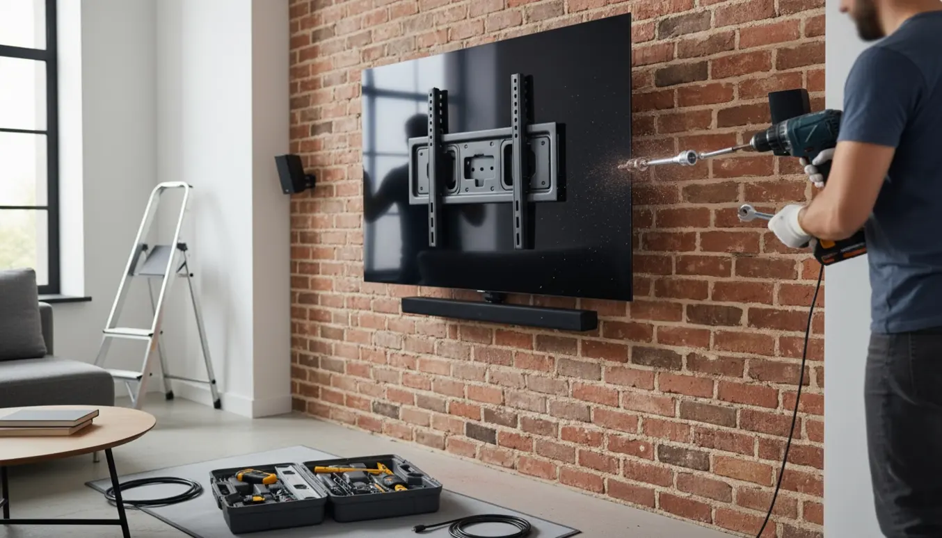 Et stort fladskærms-tv hænges op på en murstensvæg med vægbeslag, værktøj og soundbar klar.