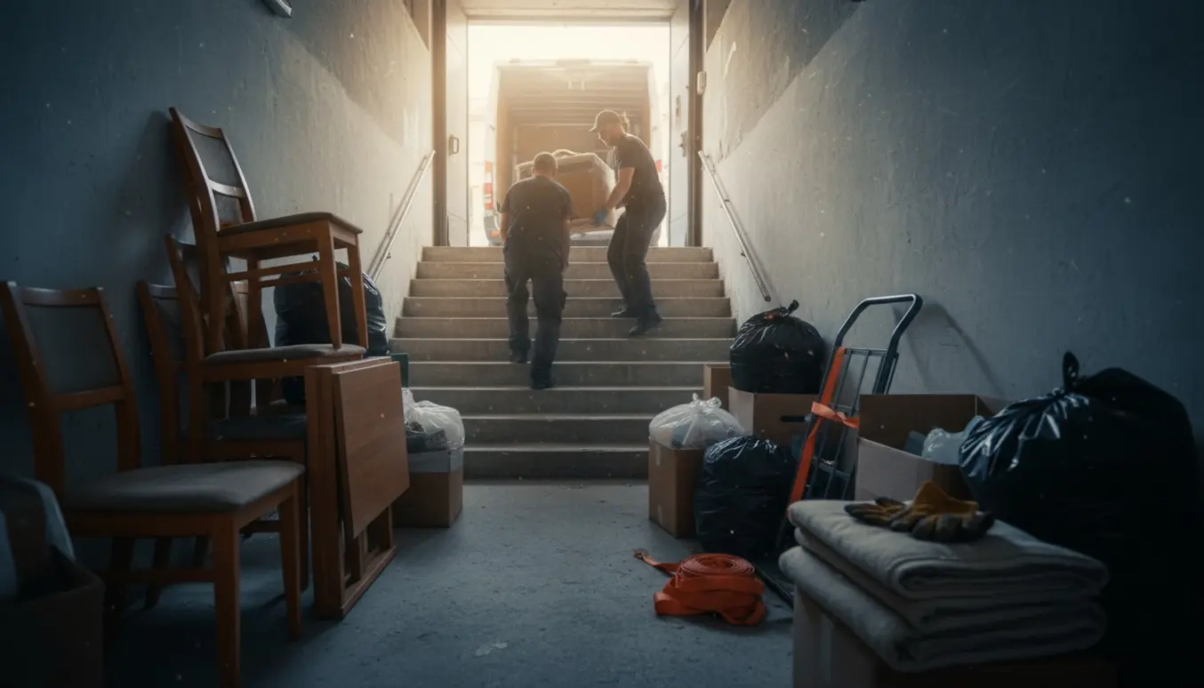 To flyttemænd bærer et stort møbel op ad en kældertrappe, omgivet af stole, poser og flytteudstyr klar til bortskaffelse.