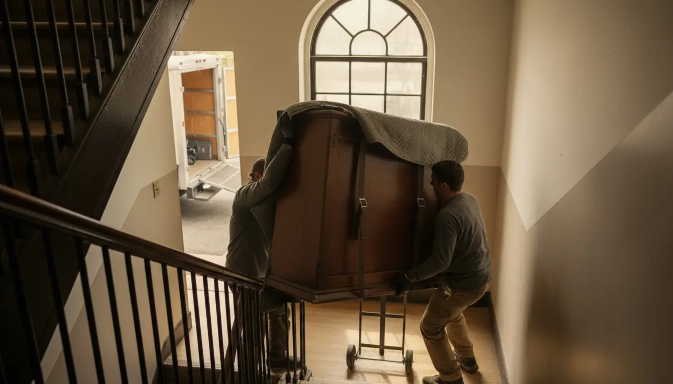 To personer bærer et tungt mahogni-chatol ned ad en opgangstrappe mod en åben varevogn.