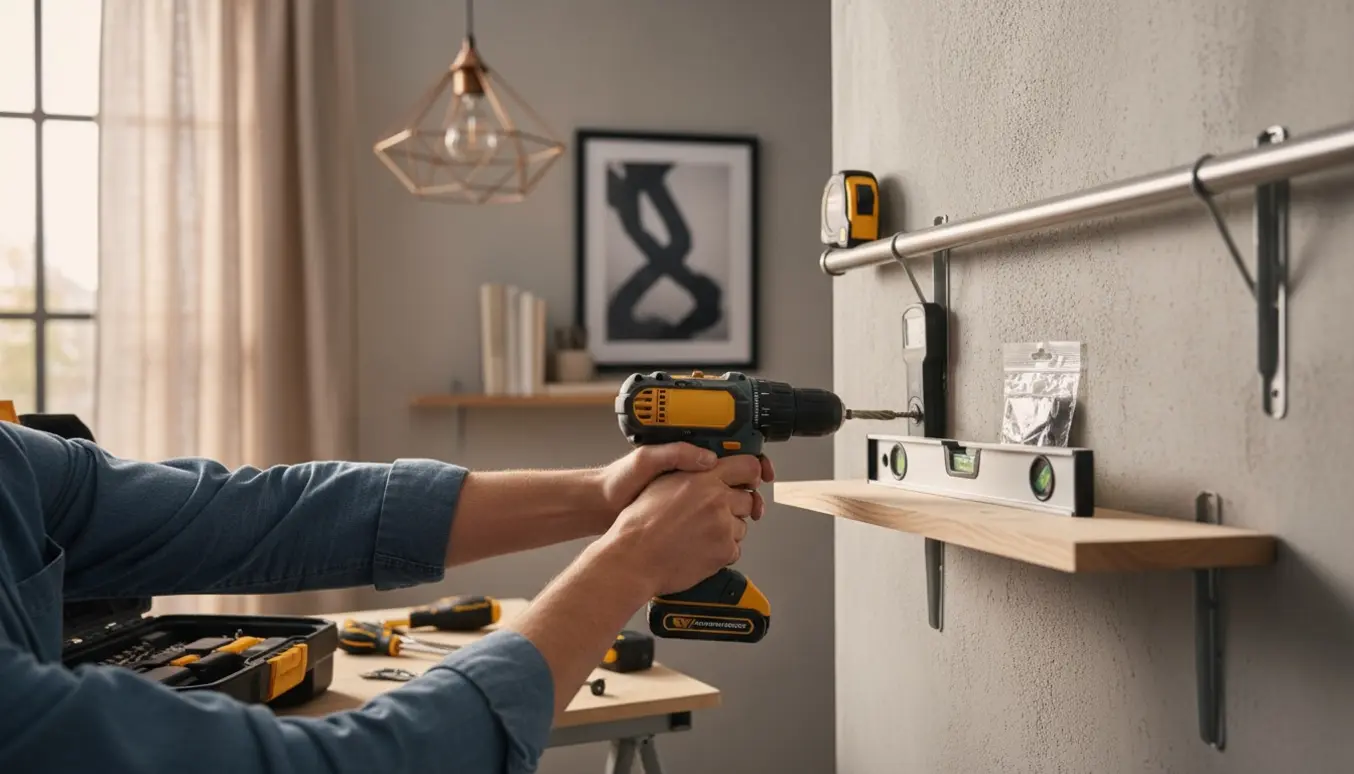 Nærbillede af hænder, der med boremaskine, vaterpas og målebånd hænger lamper, billeder, hylde og gardinstang op i en lys stue.