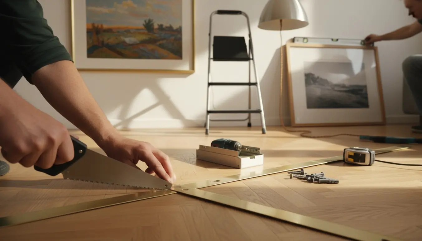 Håndværker monterer en messing overgangsliste mellem to gulve med to billedrammer og en stige klar til lampeophæng.