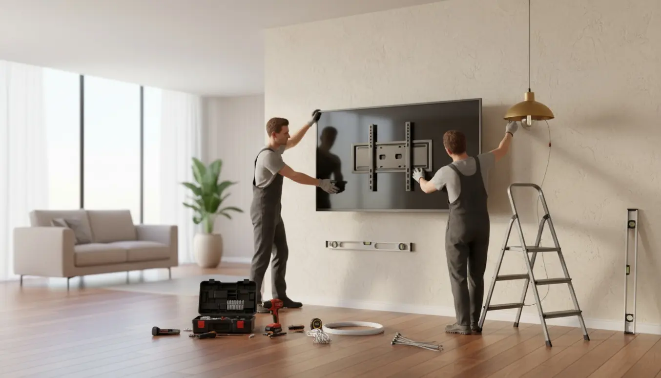 Montage af et 65-tommer TV på væg og ophængning af en lille loftslampe i en moderne stue med hænder og værktøj synlige.