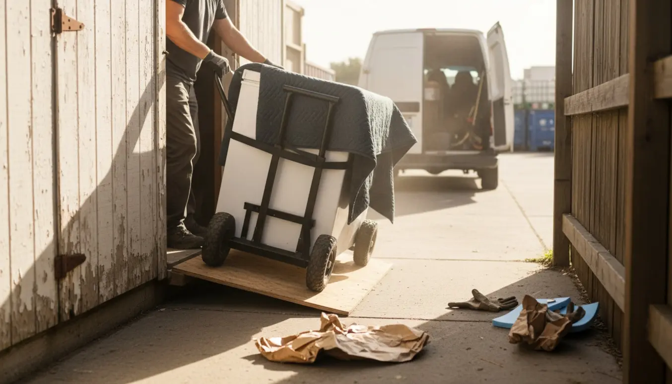 To personer flytter en indpakket kummefryser gennem en smal skuråbning på en håndtruck mod en varevogn.