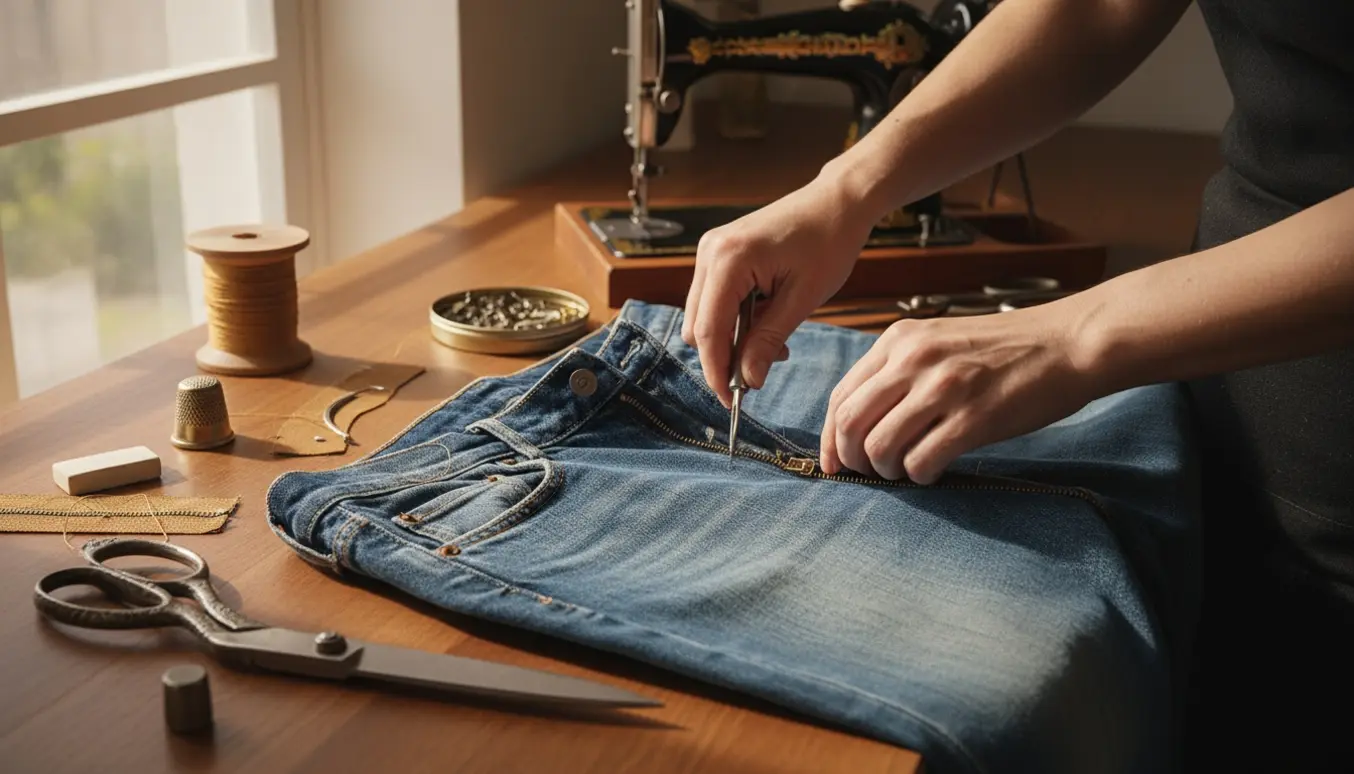 Hænder udskifter lynlåsen på et par jeans på et træbord med syværktøj.