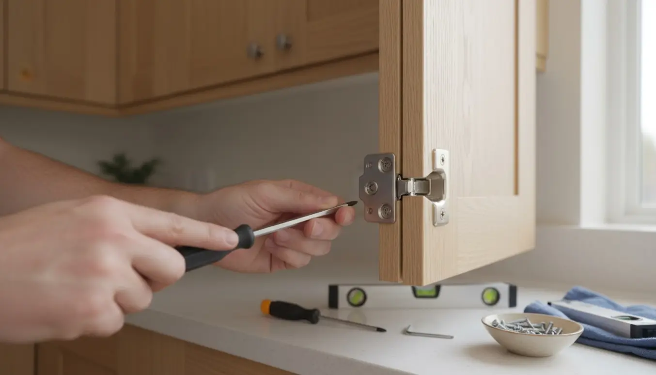 Nærbillede af hænder, der justerer køkkenlåger og hængsler i et lille køkken med integreret køle/fryseskab.