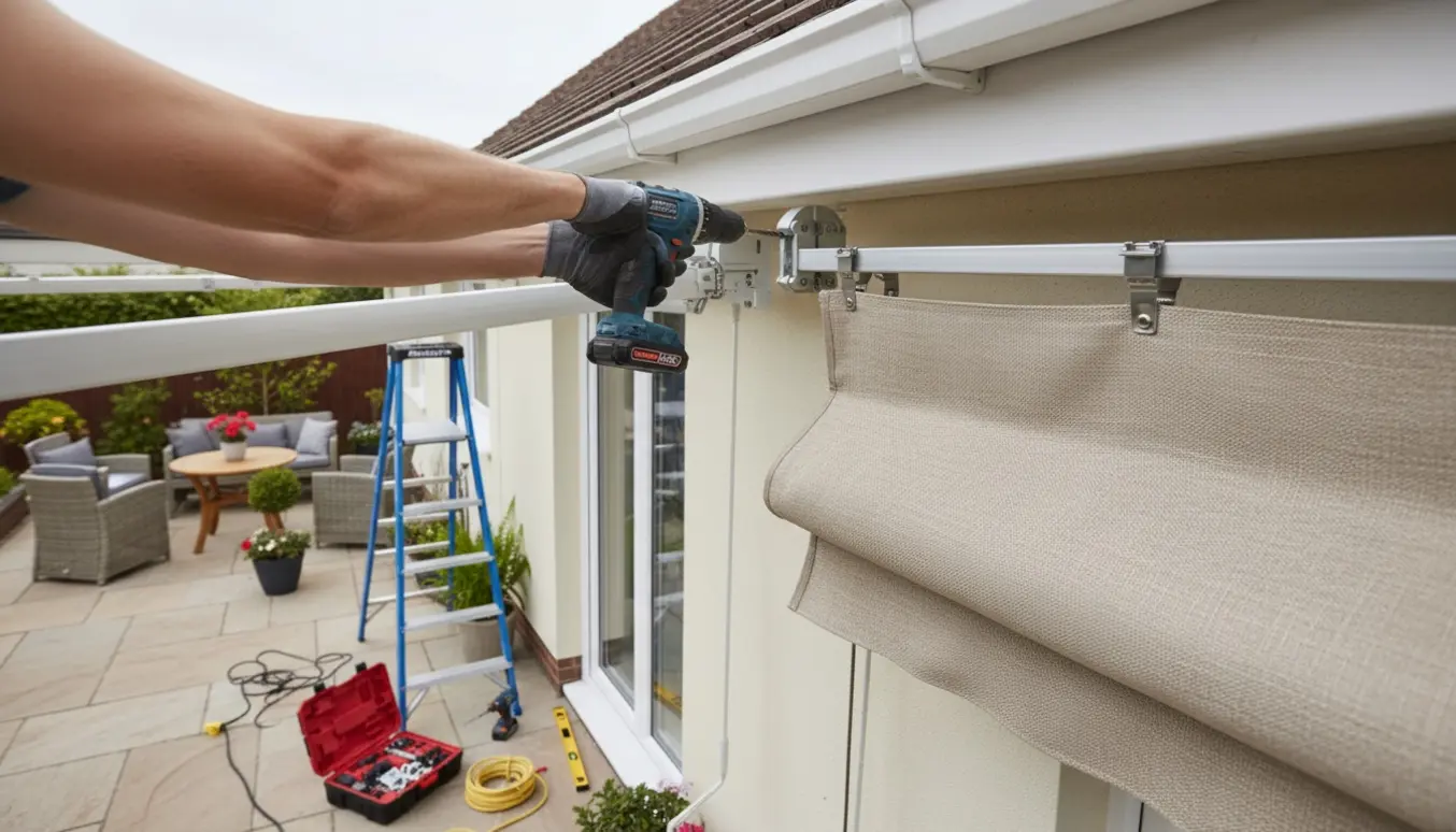 Nærbillede af hænder, der monterer en markise på et etplans rækkehus med værktøj og beslag.