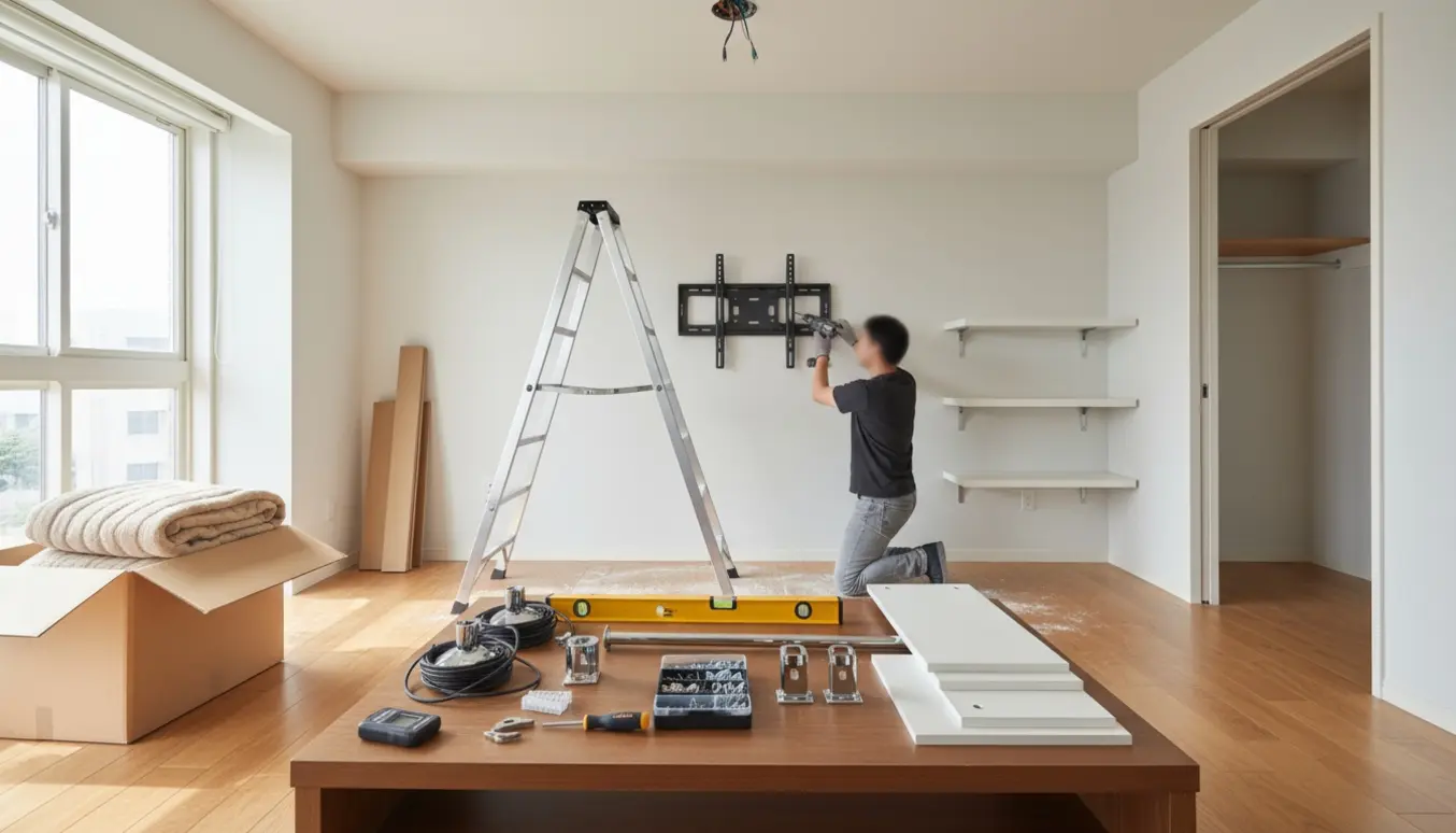 Installering af lamper, bøjlestænger, hylder og et vægmonteret TV i en lys lejlighed.